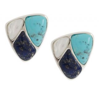 Turquoise, Lapis and Mother of Pearl Sterling Button Earrings