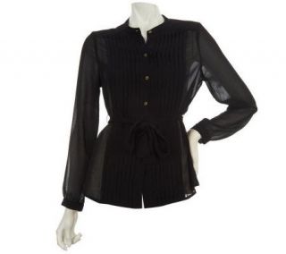 CV by Cynthia Vincent Pleated Chiffon Button Front Blouse —