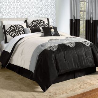 New Bold Color Blocking Embroidered Black and White Comforter Set Bed
