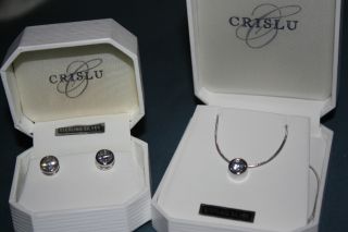 Crislu Bezel Cut Pendant w Chain Earrings Set CZ Sterling Platinum