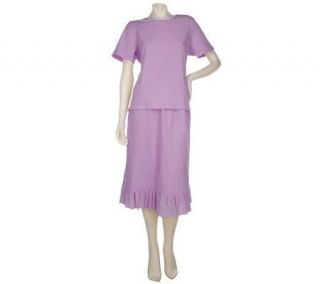 Denim & Co. T shirt and Crinkled Embroidered Skirt Set —