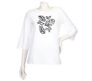 Susan Graver Stretch Cotton 3/4 Sleeve Top with Beaded Motif
