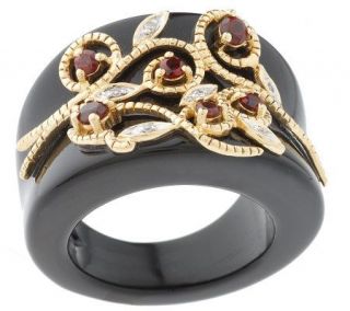 Carved Onyx Ring w/Garnet Gemstones and Diamond Accents 14K Gold