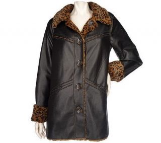 Dennis Basso Reversible Faux Leather to Leopard Print Faux Fur Coat 