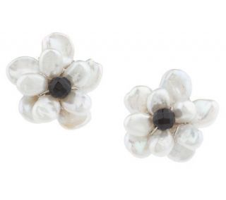 Ross Simons Cultured Pearl Flower & Onyx Button Earrings Sterling 