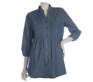 Motto Button Front Chambray Tunic with Pintuck Detail —