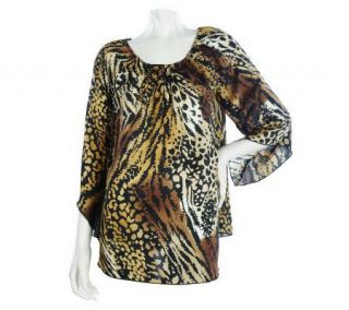 Susan Graver Charmeuse Printed Top with Trumpet Sleeves —