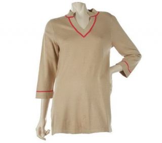 Susan Graver V Neck Tunic Sweater with Mandarin Collar & 3/4 Sleeves 