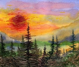 Original Watercolor Mountain Sunset Landscape SFA Art
