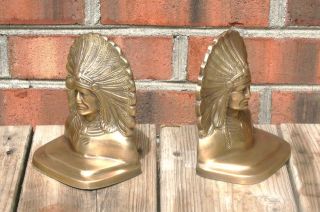 Pair Brass Indian Chief in Feather Head Dress Book Ends