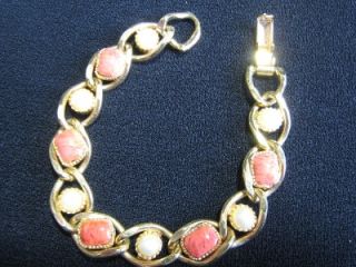 Retro Mid Century Gold Tone Faux Pearl & Pink Coral Link Bracelet