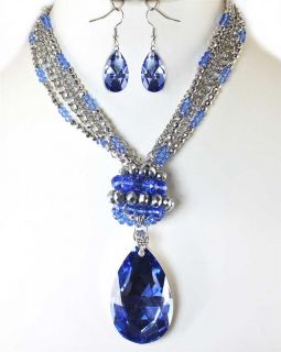  Blue Crystal Pendant Multi Chain Necklace Set Costume Jewelry