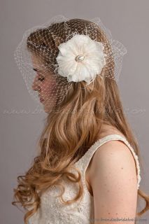 Ivory Birdcage Veil Feather Organza Oval Pearl Flower