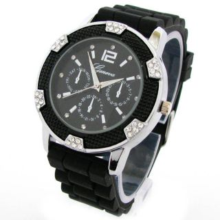 BLACK Silver Silicone Rubber Band Geneva Crystal Womens WATCH