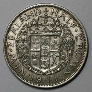 1941 AU Silver New Zealand Half 1 2 Crown King George VI