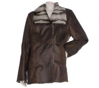 Dennis Basso Distressed Faux Leather Coat w/Faux Fur Wing Collar 