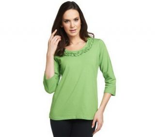 Denim & Co. 3/4 Sleeve Round Neck T Shirt with Ruffle Detail   A96299