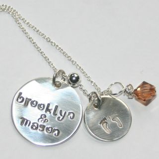 Personalized Sterling Silver Mom Necklace/Gift w/ 2 Child Names & Baby