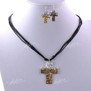 Fashion Bronze Cross Bead Necklace Hook Earring Set Korean Jewelry