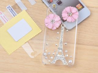 Pink Flowers 3D Handmade Tower Pearl Crystal Clear Case Cover Skin For