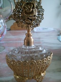 Vintage Crystal Perfume Bottle in 24K Gold Plated Filigree Case & Rose