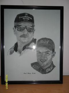 NASCAR Dale Earnhardt Earnhardt Jr Sketch by Frank Nareau 1999 Framed
