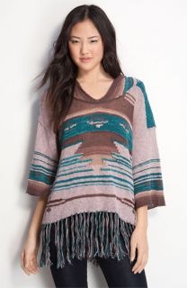 Free People Hooded Southwestern Poncho Sweater
