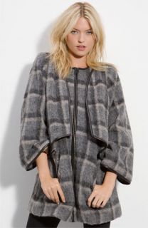 Leith Leather Trimmed Plaid Mohair Cape Coat