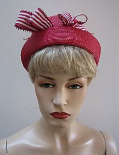 Vintage Pink Straw Hat Pink White Bow Danciger 1217