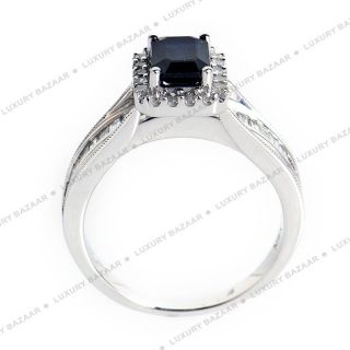 14k White Gold Emerald Cut Black Sapphire Diamond Ring