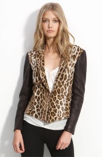 Elizabeth and James Leather Sleeve Leopard Print Faux Fur Blazer