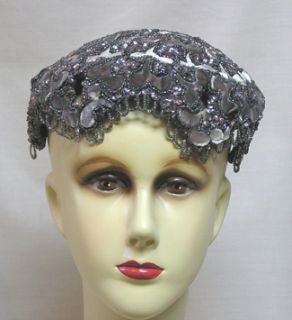 Vintage 1930s Womans Hat Beaded Sequinned and Velvet Skull Cap from