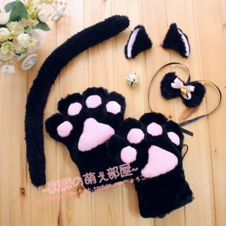 Black Cat Cosplay Lolita Gothic Fancy Glove Ear Tail Tie Set