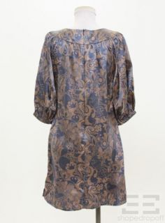 Dahl Brown & Blue Printed Silk 3/4 Sleeve Shift Dress Size M