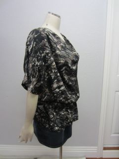 Daisy Fuentes Black Brown Grey Draped Bust Smocked Waist Evening Top