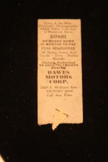 Dawes Motors Corporation Victory Car Repair Matchbook Cover Vintage