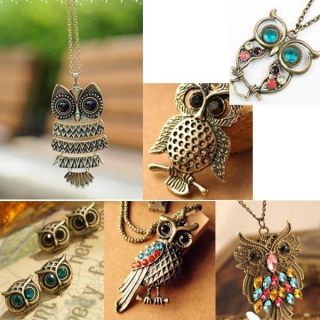  Vintage Rhinestone Crystal Owl Pendants Necklace Earrings Free