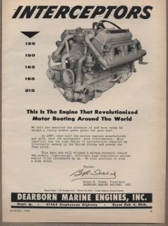 1958 Vintage Ad Dearborn Marine Engines Interceptors