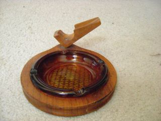 Vintage Decatur Walnut Wood & Amber Glass Ashtray w/ Pipe Rest