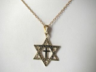 Mens 14k Gold Star of David with Cross Necklace Faith