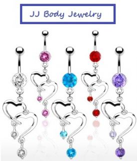 Romantic Navel Belly Ring Double Heart Dangle CZ