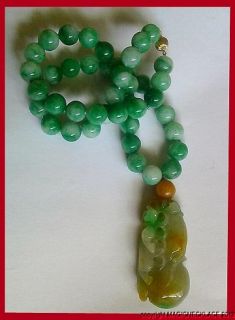 Gorgeous jade necklace carved yellow and green pendant 14k clasp