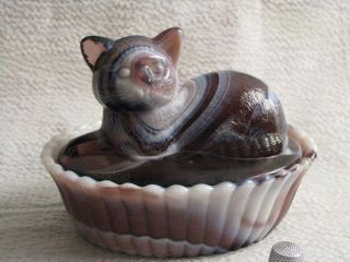   Westmoreland Purple Swirl White Milk Glass Cat in a Basket Dish