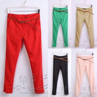  Girls Casual Candy Color Skinny Slim Belted Pants Trousers LJE