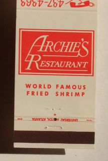 1960s Matchbook Archies Restaurant Shrimp Darien GA