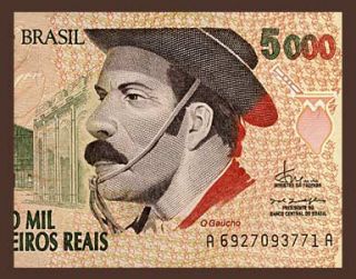 5000 Cruzeiros Reais Note of Brazil 1993 Gaucho UNC