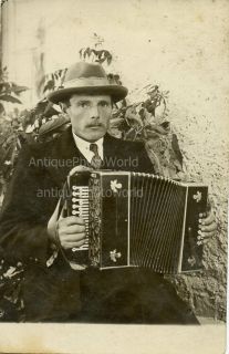 Funny Mustached Man w Accordion Bayan Antique Photo