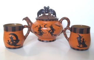  HALLOWEEN TEAPOT SET   Tea / Hot Chocolate OOAK by Demy Witches Bats