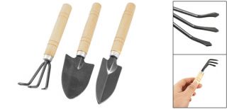 wooden handle metal rake shovel digging trowel garden tools please