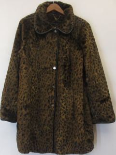 Dennis Basso Sz 1X Leopard Print Faux Fur Coat w/ Faux Leather Trim
